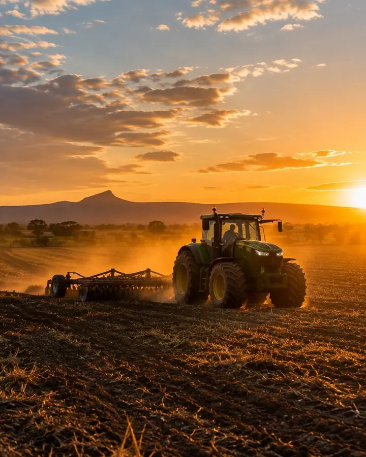 Tractor working a field at sunset